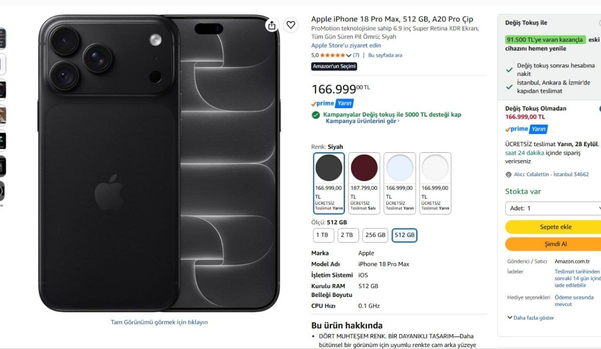 Apple iPhone 18 Pro Max, 512 GB, A20 Pro Çip