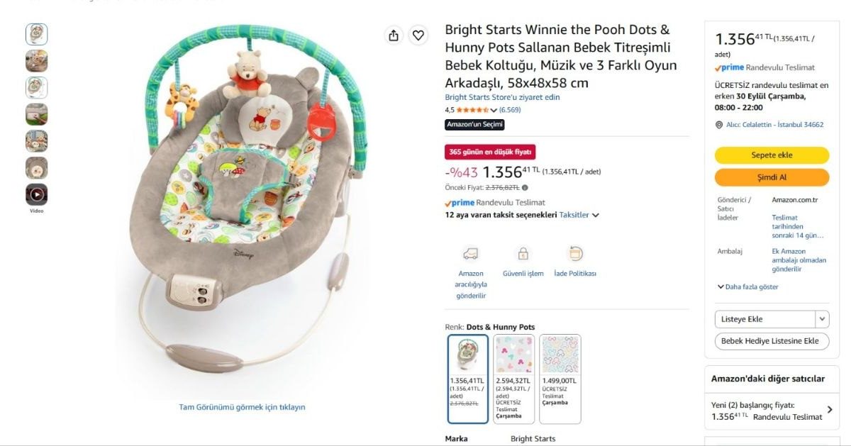 Bright Starts Winnie the Pooh Dots & Hunny Pots Sallanan Bebek Titreşimli Bebek Koltuğu, Müzik ve 3 Farklı Oyun Arkadaşlı, 58x48x58 cm