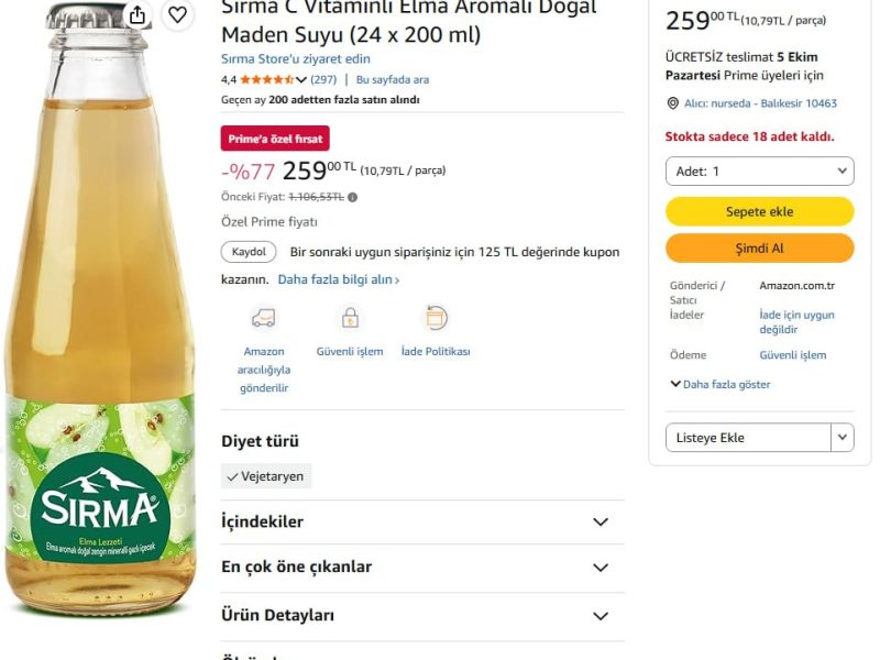 Sirma C Vitaminli Elma Aromalı Doğal Maden Suyu (24 x 200 ml) — %95 İndirim