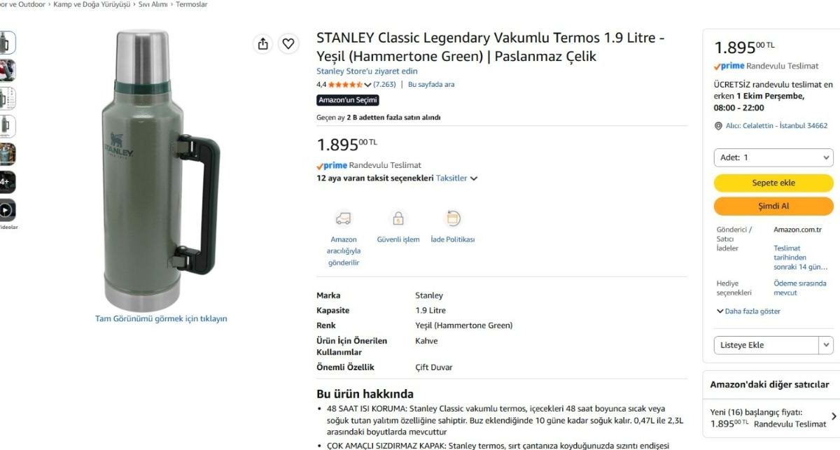 STANLEY Classic Legendary Vakumlu Termos 1.9 Litre – Yeşil (Hammertone Green) | Paslanmaz Çelik