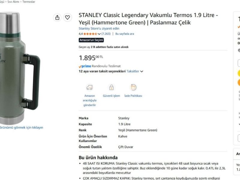 STANLEY Classic Legendary Vakumlu Termos 1.9 Litre – Yeşil (Hammertone Green) | Paslanmaz Çelik