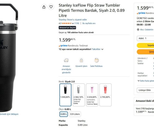 Stanley IceFlow Flip Straw Tumbler Pipetli Termos Bardak, Siyah 2.0, 0.89 Litre