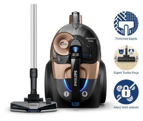 Philips Marathon Daily Toz Torbasız Süpürge PowerCyclone 8, Turbo Fırça, Siyah Ve Bakır