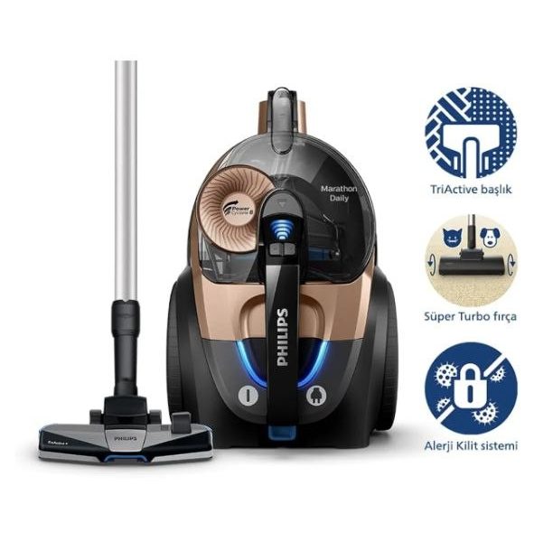 Philips Marathon Daily Toz Torbasız Süpürge PowerCyclone 8, Turbo Fırça, Siyah Ve Bakır