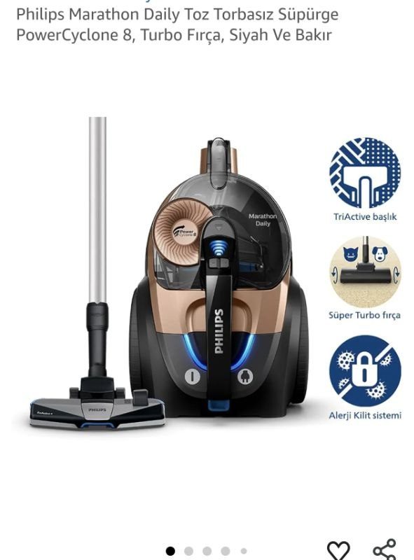 Philips Marathon Daily Toz Torbasız Süpürge PowerCyclone 8, Turbo Fırça, Siyah Ve Bakır