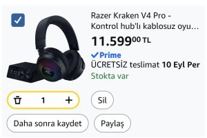 Razer Kraken V4 Pro – Kontrol hub’lı kablosuz oyun kulaklığı – Sensa HD haptikler (OLED kontrol hub’ı, TriForce 40mm sürücüler, HyperSpeed & Bluetooth, THX Audio) Siyah