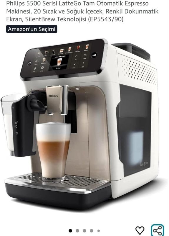 Philips 5500 Serisi LatteGo Tam Otomatik Espresso Makinesi, 20 Sıcak ve Soğuk İçecek, Renkli Dokunmatik Ekran, SilentBrew Teknolojisi (EP5543/90)