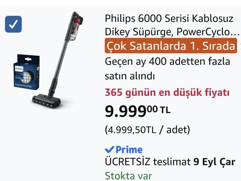 Philips 6000 Serisi Kablosuz Dikey Süpürge, PowerCyclone 11 (XC6552/01) ve Philips Orijinal Yedek Filtre – Kablosuz Süpürge 6000, 7000 ve 8000 Serisi ile Uyumlu (XV1681/01)