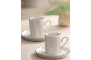 🛍️ 4 Parça 2 Kişilik Stackable Çizgili Gümüş Yaldızlı Kahve Fincan Takımı   Kahve Fincanı Seti 100Ml,Beyaz