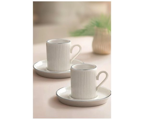 🛍️ 4 Parça 2 Kişilik Stackable Çizgili Gümüş Yaldızlı Kahve Fincan Takımı Kahve Fincanı Seti 100Ml,Beyaz