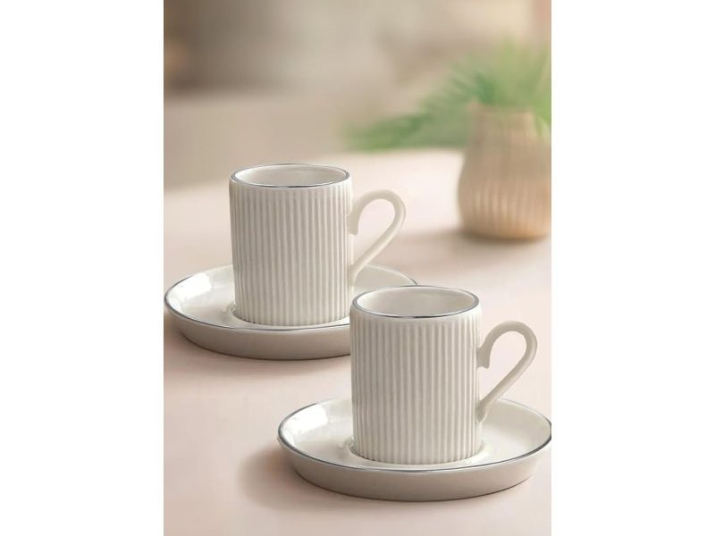 🛍️ 4 Parça 2 Kişilik Stackable Çizgili Gümüş Yaldızlı Kahve Fincan Takımı Kahve Fincanı Seti 100Ml,Beyaz