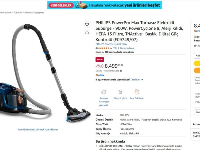 PHILIPS PowerPro Max Torbasız Elektrikli Süpürge – 900W, PowerCyclone 8, Alerji Kilidi, HEPA 13 Filtre, TriActive+ Başlık, Dijital Güç Kontrolü (FC9749/07)