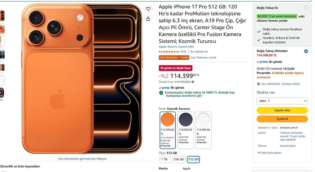 Apple iPhone 17 Pro 512 GB: 120 Hz’e kadar ProMotion teknolojisine sahip 6.3 inç ekran, A19 Pro Çip, Çığır Açıcı Pil Ömrü, Center Stage Ön Kamera özellikli Pro Fusion Kamera Sistemi; Kozmik Turuncu