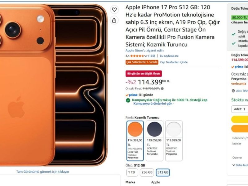 Apple iPhone 17 Pro 512 GB: 120 Hz’e kadar ProMotion teknolojisine sahip 6.3 inç ekran, A19 Pro Çip, Çığır Açıcı Pil Ömrü, Center Stage Ön Kamera özellikli Pro Fusion Kamera Sistemi; Kozmik Turuncu
