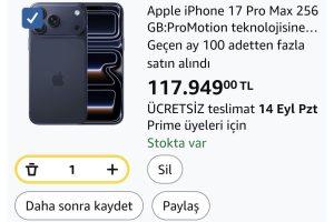 Apple iPhone 17 Pro Max 256 GB:ProMotion teknolojisine sahip 6.9 inç ekran, A19 Pro Çip, Bir iPhone’da Şimdiye Kadarki En İyi Pil Ömrü, Pro Fusion Kamera Sistemi, Center Stage Ön Kamera;Abis