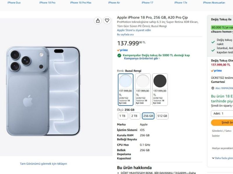 Apple iPhone 18 Pro, 256 GB, A20 Pro Çip