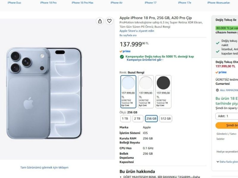 Apple iPhone 18 Pro, 256 GB, A20 Pro Çip
