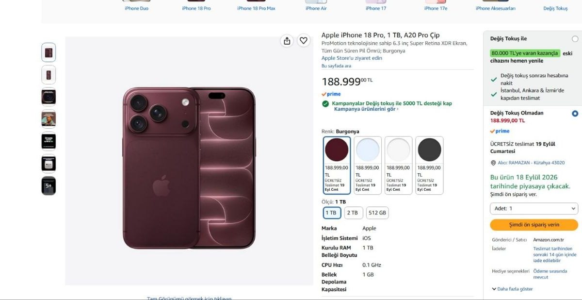 Apple iPhone 18 Pro, 1 TB, A20 Pro Çip