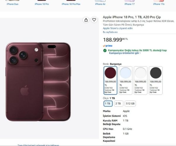 Apple iPhone 18 Pro, 1 TB, A20 Pro Çip