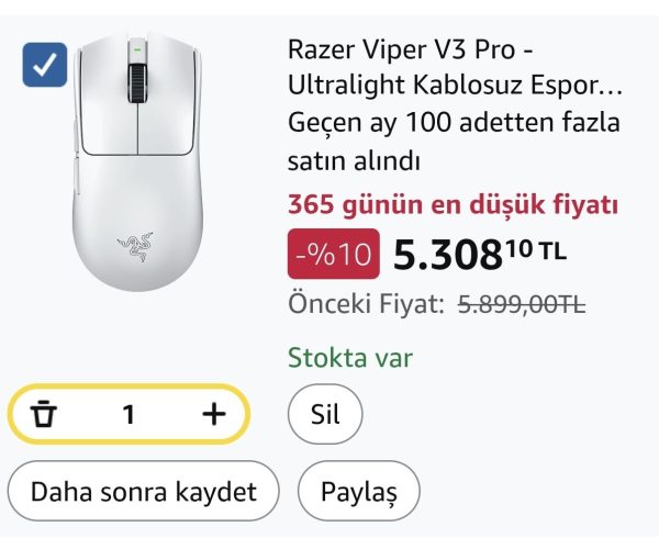 Razer Viper V3 Pro – Ultralight Kablosuz Espor Oyun Mouse’u (8K Hz HyperPolling, 55g hafif tasarım, Focus Pro Sensör 35K DPI, HyperSpeed Kablosuz, 95 saat pil ömrü) Beyaz