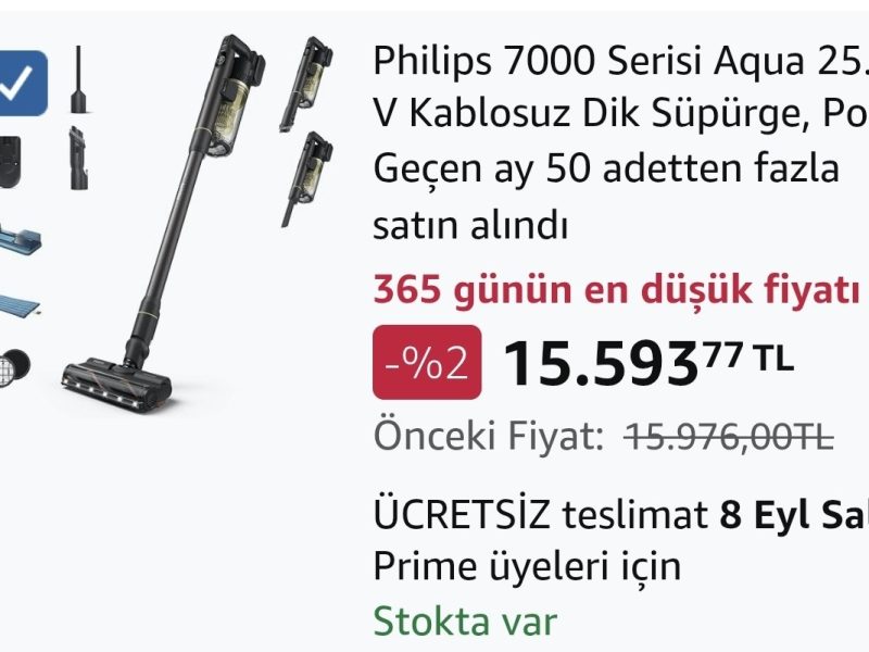 Philips 7000 Serisi Aqua 25.2 V Kablosuz Dik Süpürge, PowerCyclone 12, 80 dk’ya Kadar Kullanım, XC7153/10