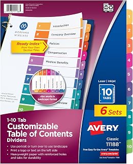 Avery 3 Halka Bağlayıcı için 10 Sekmeli Bölücü, Özelleştirilebilir İçindekiler, Çok Renkli Sekmeler, 6 Takım (11188)