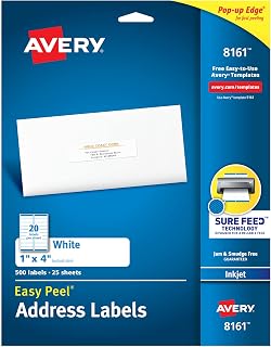 Avery Mürekkep Püskürtmeli Yazıcılar için Sabit Beslemeli Adres Etiketleri, 2,54 cm x 10,16 cm, 500 Etiket, Kalıcı Yapıştırıcı (8161), Beyaz