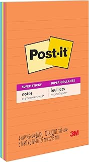 Post-it Süper Yapışkan Çizgili Notlar, 4 Yapışkan Not Defteri, 12,7 x 20,32 cm, Yurdunuzda, Evinizde veya Ofisinizde Organizasyon için İdeal, Energy Boost Koleksiyonu