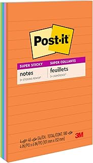 Post-it Süper Yapışkan Çizgili Notlar, 4 Yapışkan Not Defteri, 4 x 6 inç, Okul Malzemeleri, Ofis Ürünleri, Dikey Yüzeyler, Monitörler, Duvarlar ve Pencereler için Yapışkan Notlar, Enerji Arttırma