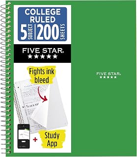 Five Star Spiral Defter + Çalışma Uygulaması, 5 Konu, Kolej Çizgili Kağıt, Mücadele Mürekkep Kanaması, Suya Dayanıklı Kapak, 200 Yaprak, Yeşil (72079)