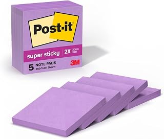 Post-it Süper yapışkan notlar, 5 yapışkan not defteri, 7,6 x 7,6 cm, okul malzemeleri, ofis ürünleri, dikey yüzeyler, monitörler, duvarlar ve pencereler için yapışkan notlar, mor iris