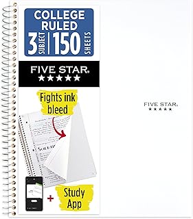 Five Star Spiral Defter + Çalışma Uygulaması, 3 Konu, Kolej Çizgili Kağıt, Mücadele Mürekkep Kanaması, Suya Dayanıklı Kapak, 8-1/2