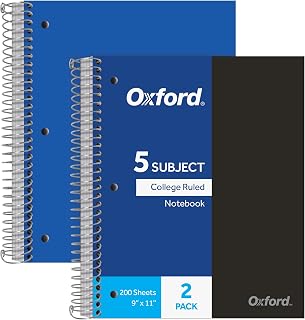 Oxford Spiral Defterler, 5 Konu, Kolej Çizgili Kağıt, Dayanıklı Plastik Kapak, 200 Sayfa, 5 Bölücü Cep, Her Pakette 2 (10388)
