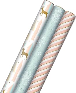 Hallmark Ters Kesilmiş Çizgiler ile Pembe Noel Ambalaj Kağıdı (3 Rulo: 120 sq. ft. ttl) Pembe, Nane, Altın, Ren Geyiği, Noel Ağaçları, Kar Taneleri