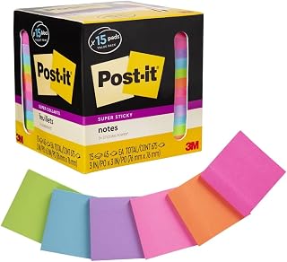 Post-it Süper Yapışkan Notlar, Çeşitli Parlak Renkler, 7,62 x 7,62 cm, 15 Ped/Paket, 45 Yaprak/Ped, 2 x Yapıştırma Gücü, Geri Dönüştürülebilir (654-15SSCP), Çok Renkli