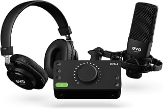 Audient EVO Start Recording Bundle (EVO 4 ses kartı, SR1 geniş diyaframlı kondenser mikrofon, SR2000 kapalı stüdyo kulaklıkları, mikrofon shock mountu ve XLR bağlantı kablosu), Siyah