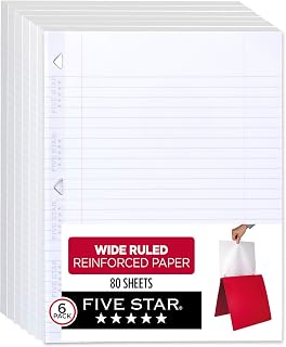 Five Star Gevşek Yaprak Kağıt, 6'lı Paket, 3 Delikli Delgeç Defter Kağıdı, Güçlendirilmiş Geniş Çizgili Dolgu Kağıdı, Mürekkep Kanamasıyla Mücadele, 8