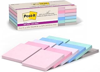 Post-it%100 Geri Dönüşümlü Kağıt Süper Yapışkan Notlar, 2X Yapıştırma Gücü, 3x3 inç, 12 Ped/Paket, 70 Yaprak/Ped, Wanderlust Pastel Koleksiyonu (654R-12SSNRP)