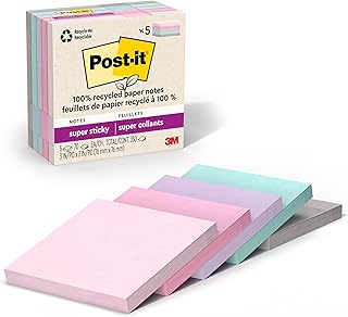 Post-it%100 Geri Dönüşümlü Kağıt Süper Yapışkan Notlar, 2X Yapıştırma Gücü, 3x3 inç, 5 Ped, 70 Yaprak/Ped, Wanderlust Pastel Koleksiyonu (654R-5SSNRP)