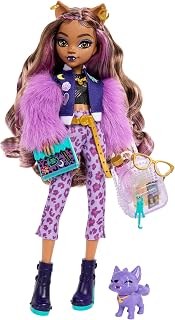 Monster High Evcil köpeği ​Crescent ile sırt çantası, ajanda ve atıştırmalıklar gibi aksesuarlarıyla Clawdeen Wolf bebek, HRP65