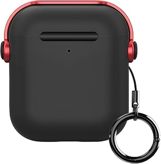 BUFF LABS Airpods 1 2 DjPods Sert Malzemeli Kilitli Kapak Askı Aparatlı Airpods 1 2 Uyumlu Kılıf (Siyah - Kırmızı)