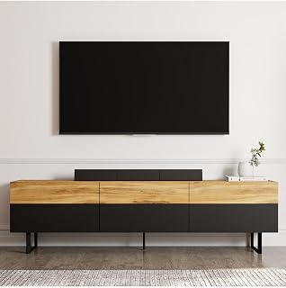 Sign Kapaklı Tv Ünitesi, Tv Sehpası - Metal Ayak - Siyah/Naturel