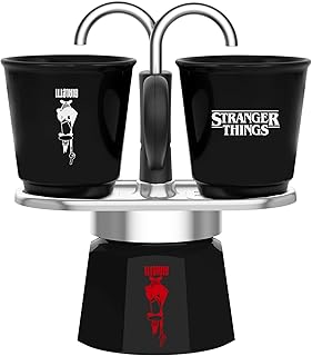 Bialetti - Stranger Things Set Mini Express: Ocak Üstü Espresso Pişirici + 2'li Seramik Isıya Duyarlı Shot Bardağı Seti, Renk Değiştiren, İndüksiyonlu Ocaklar İçin Uygun Değil, Siyah