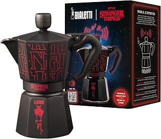 Bialetti - Moka Express Stranger Things: 6 Cups Ocak Üstü Espresso Pişirici, Müzikli, 270ml, Siyah, Patentli Güvenlik Valfi