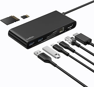 Belkin Connect 8 Portlu USB-C Hub, 4K@60Hz’e kadar çözünürlükleri destekleyen ekran uyumu, Mac, Windows ve Chromebook ile çalışır, 100 W PD, 10 Gbps veri aktarım hızı ve 2,5 Gbps Ethernet - Siyah