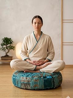 60cm Çapında Yoga Minderi, Karabuğday Kabuğu Dolgulu Meditasyon Minderi, Geniş Yoga Minderi, Premium İtalyan Kumaş Kılıf, Mavi Denge