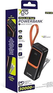 7GO GPW-08 30000mAh PD22.5W Hızlı Şarj Powerbank Dijital Ekranlı Type-C Lightning Kablolu