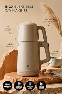 Demzade Paslanmaz Çelik Inox Elektrikli Çay Makinesi Alt 1,7 Lt Üst 0,9 Lt 1850-2200 W Kettle Çaycı Çay Seti,Bej