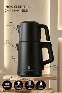 Demzade Paslanmaz Çelik İnox Elektrikli Çay Makinesi Alt 1,7 Lt Üst 0,9 Lt 1850-2200 W Kettle Çaycı Çay Seti,Siyah