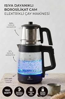 Demzade Isıya Dayanıklı Borosilikat Cam Elektrikli Çay Makinesi Alt 1,7 Lt Üst 0,9 Lt 1850-2200 W Kettle Çaycı Çay Seti,Siyah